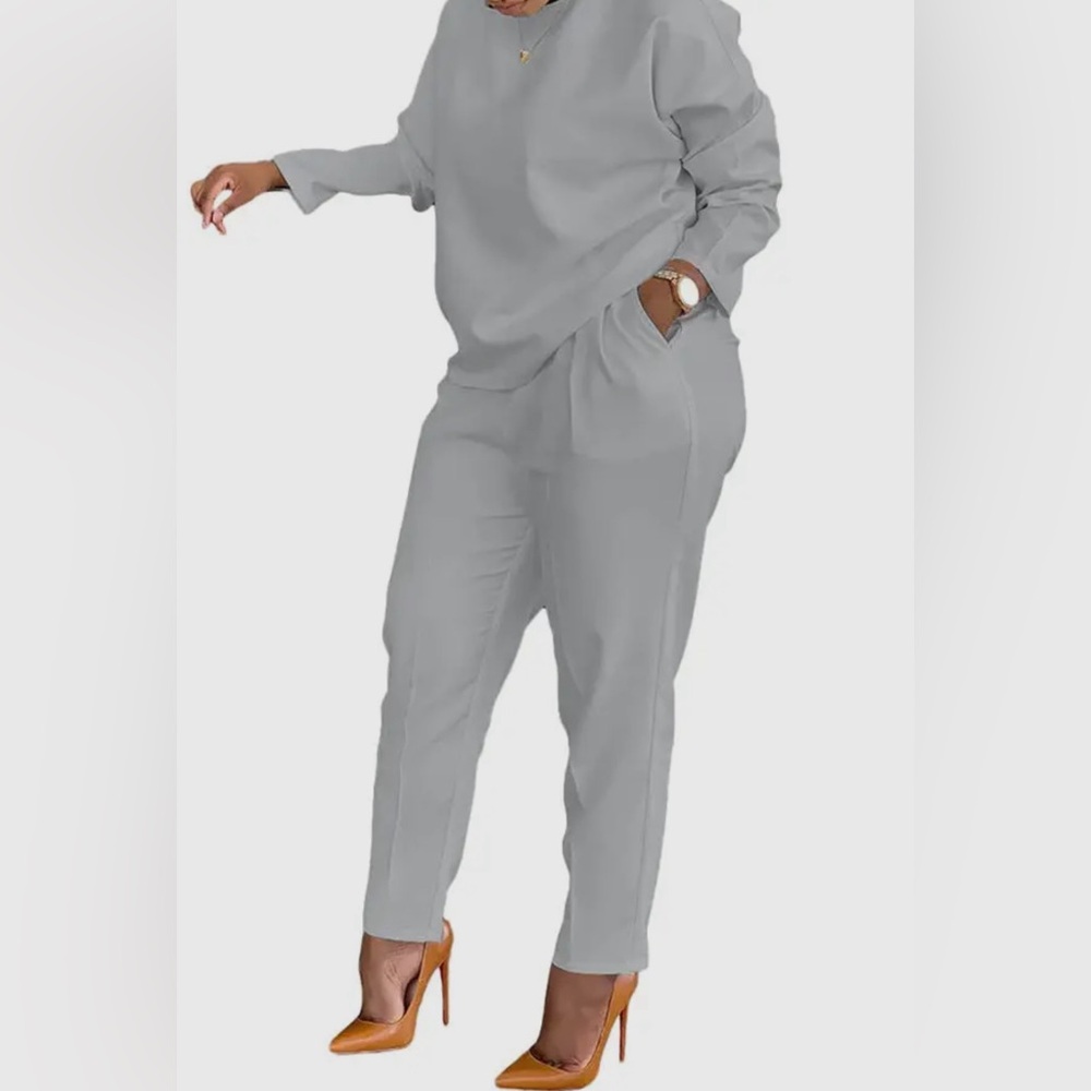 Casual Two-piece Set, Crew Neck Long Sleeve Top & Slant Pockets Pants Outfit